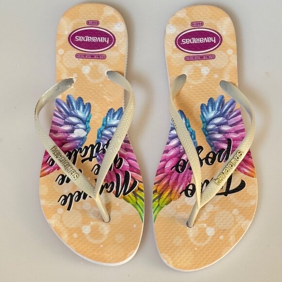 HAVAIANAS Women's Flip Flops Angel Wing Design Beige Multi-Color SizeUS 8/L - Picture 2 of 9